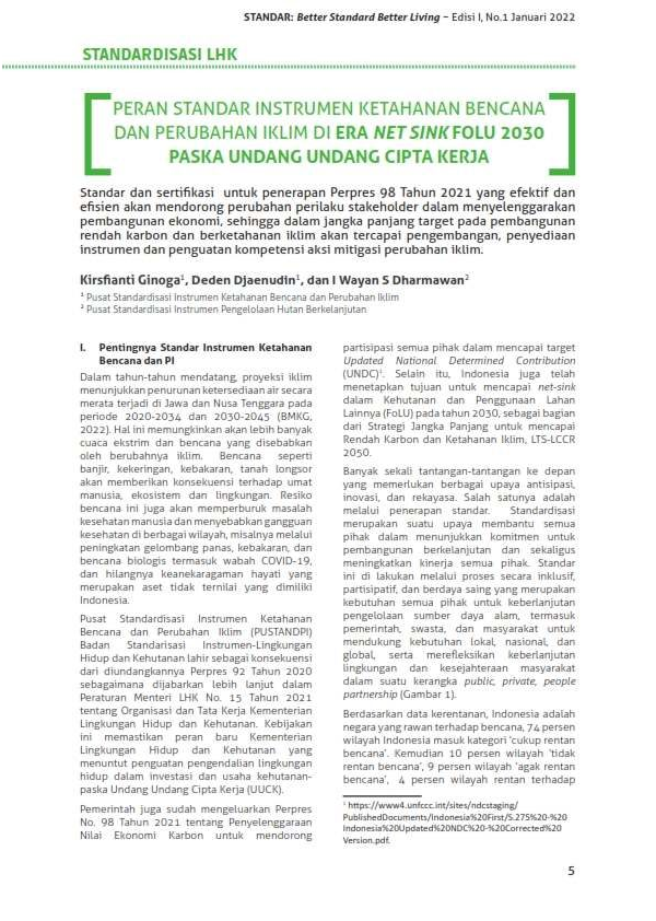 PERAN STANDAR INSTRUMEN KETAHANAN BENCANA DAN PERUBAHAN IKLIM DI ERA NET SINK FOLU 2030 PASKA UNDANG UNDANG CIPTA KERJA